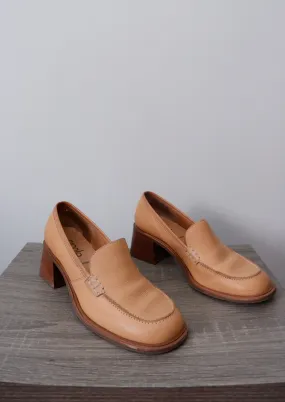 90s Camel Block Heel Leather Loafers - 7