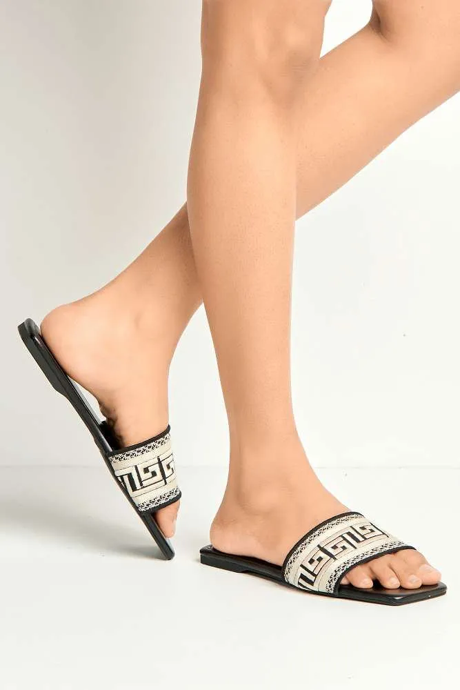 Azzam Square Toe Aztec Print Sliders in Black