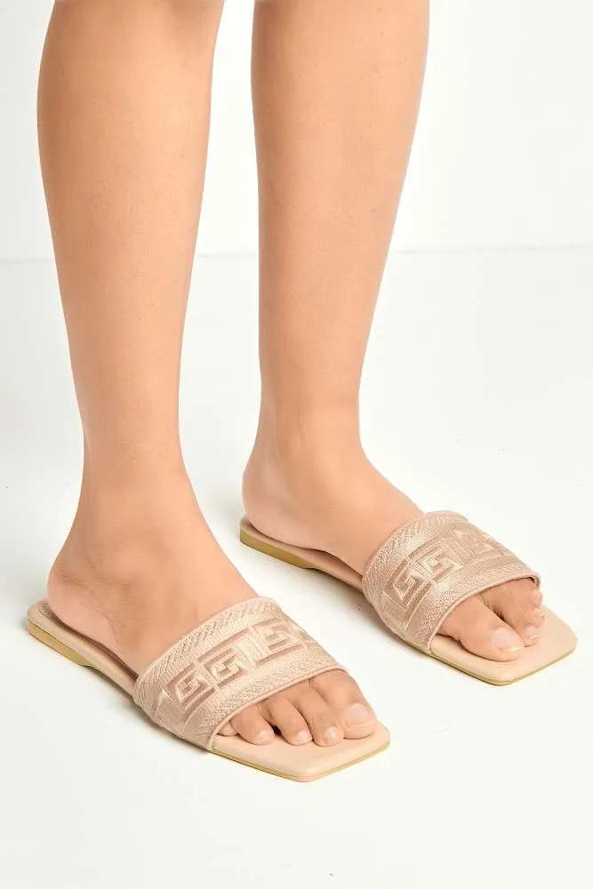 Azzam Square Toe Aztec Print Sliders in Nude