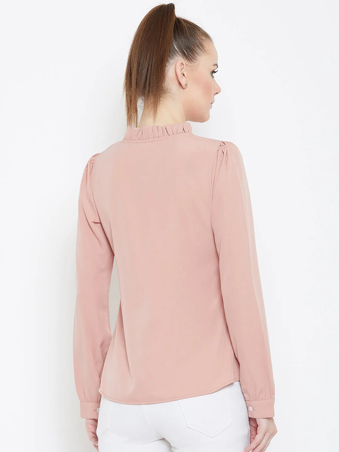 Berrylush Women Solid Peach Tie-Up Neck Crepe Ruffled Regular Top