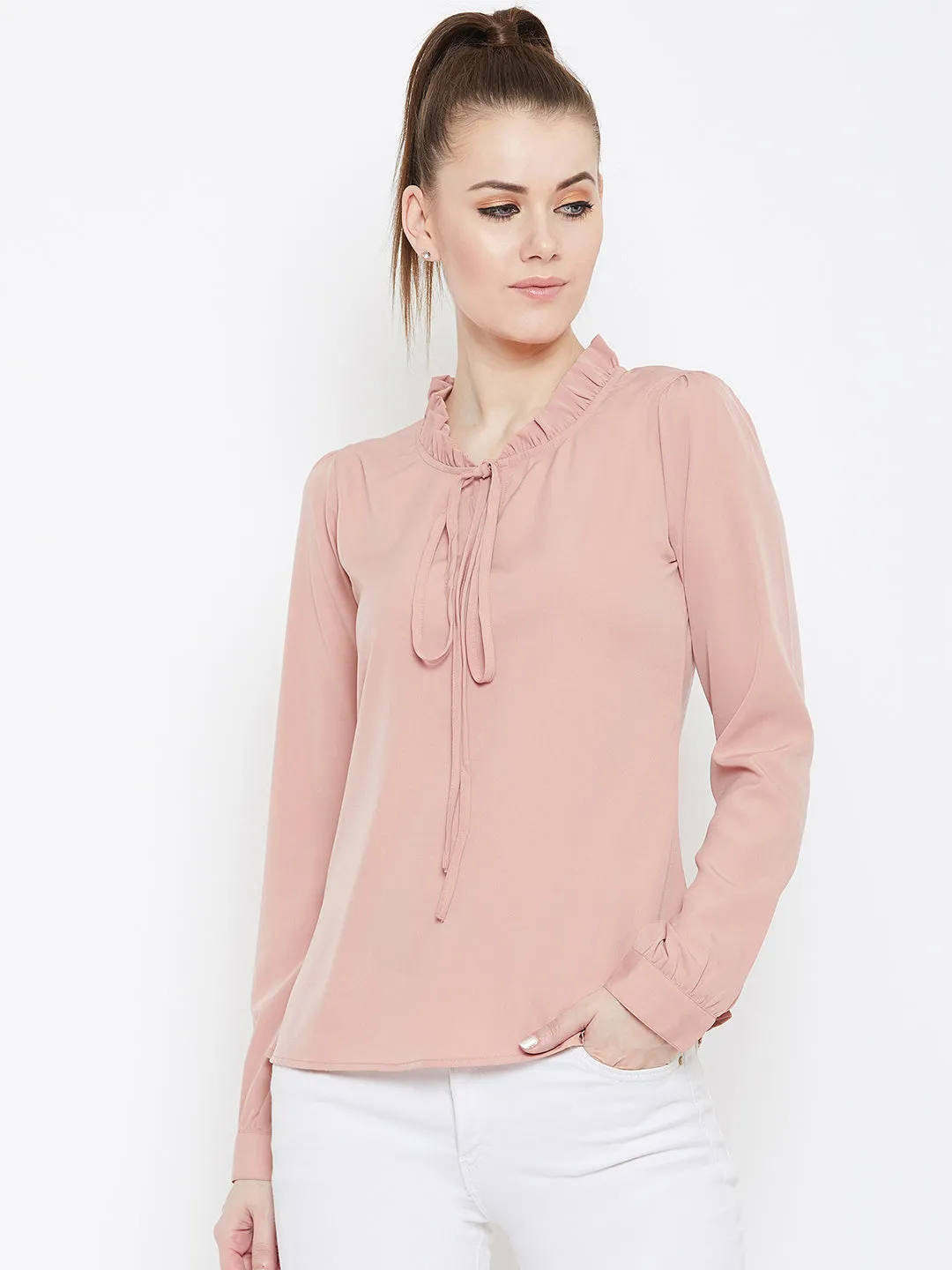 Berrylush Women Solid Peach Tie-Up Neck Crepe Ruffled Regular Top