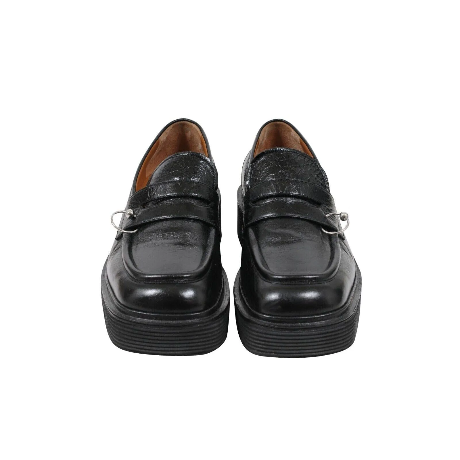 Black Leather Chunky O Ring Penny Loafers