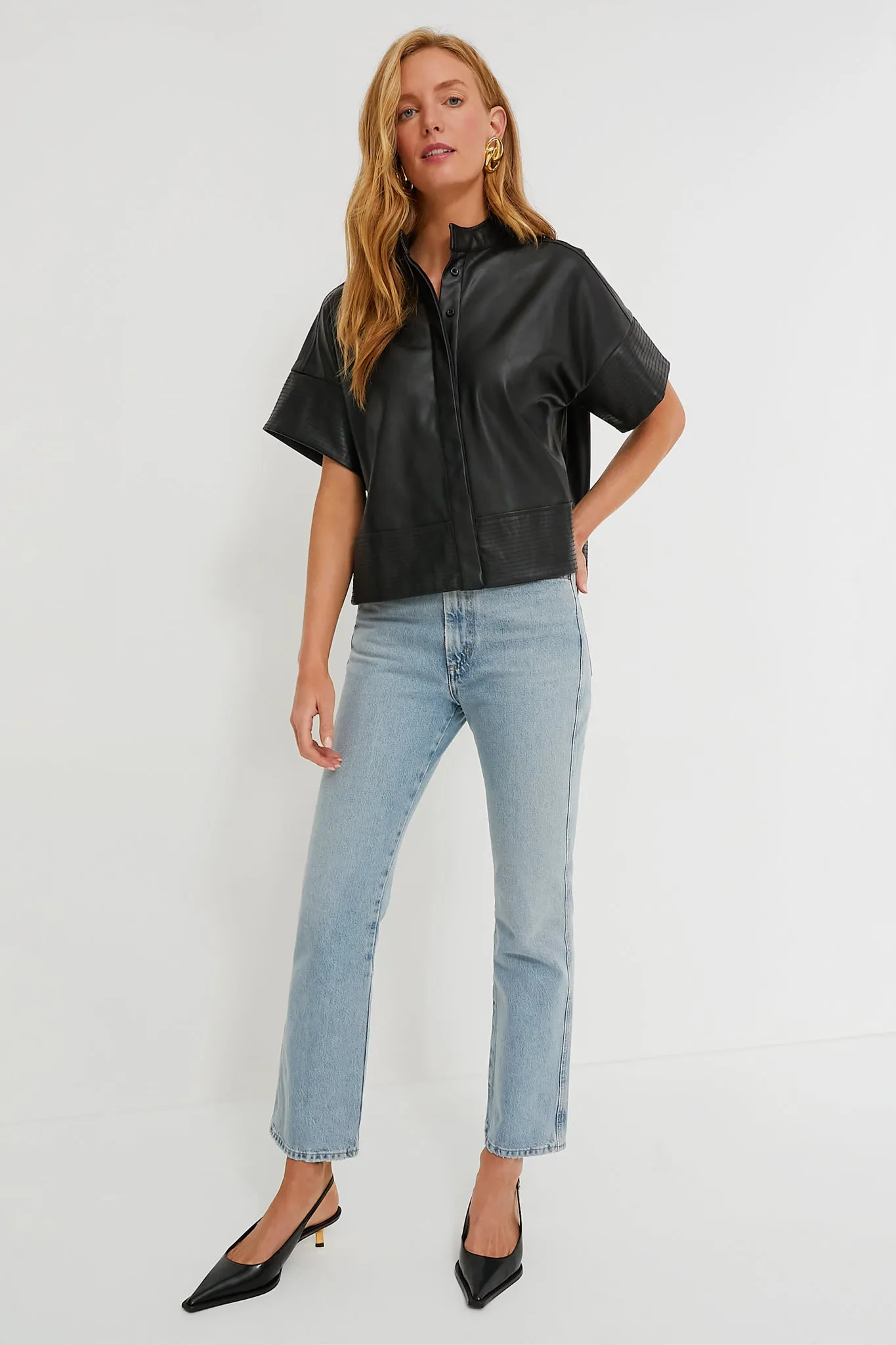 Black Leather Trapunto Stitch Sofia Shirt