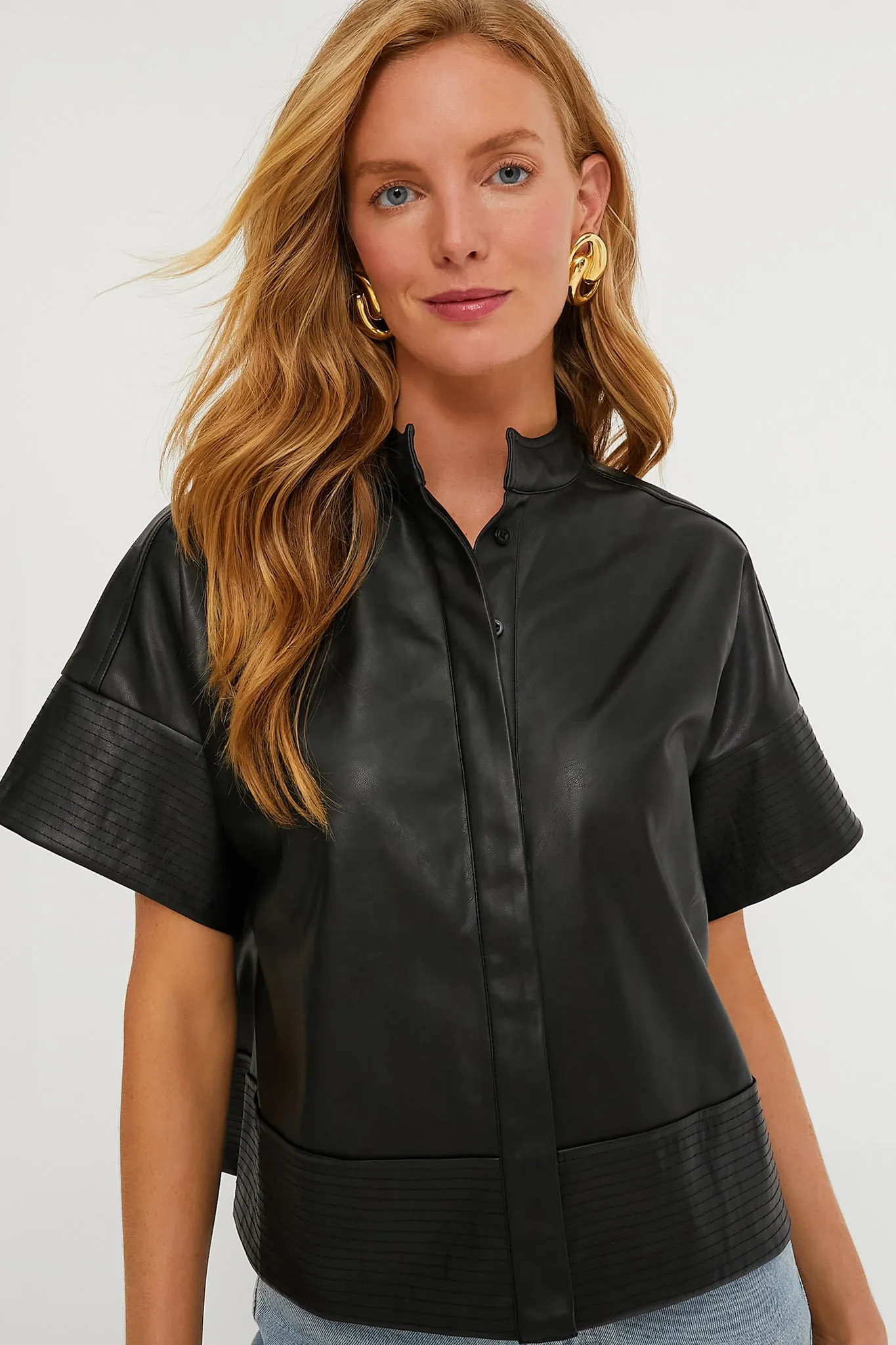 Black Leather Trapunto Stitch Sofia Shirt