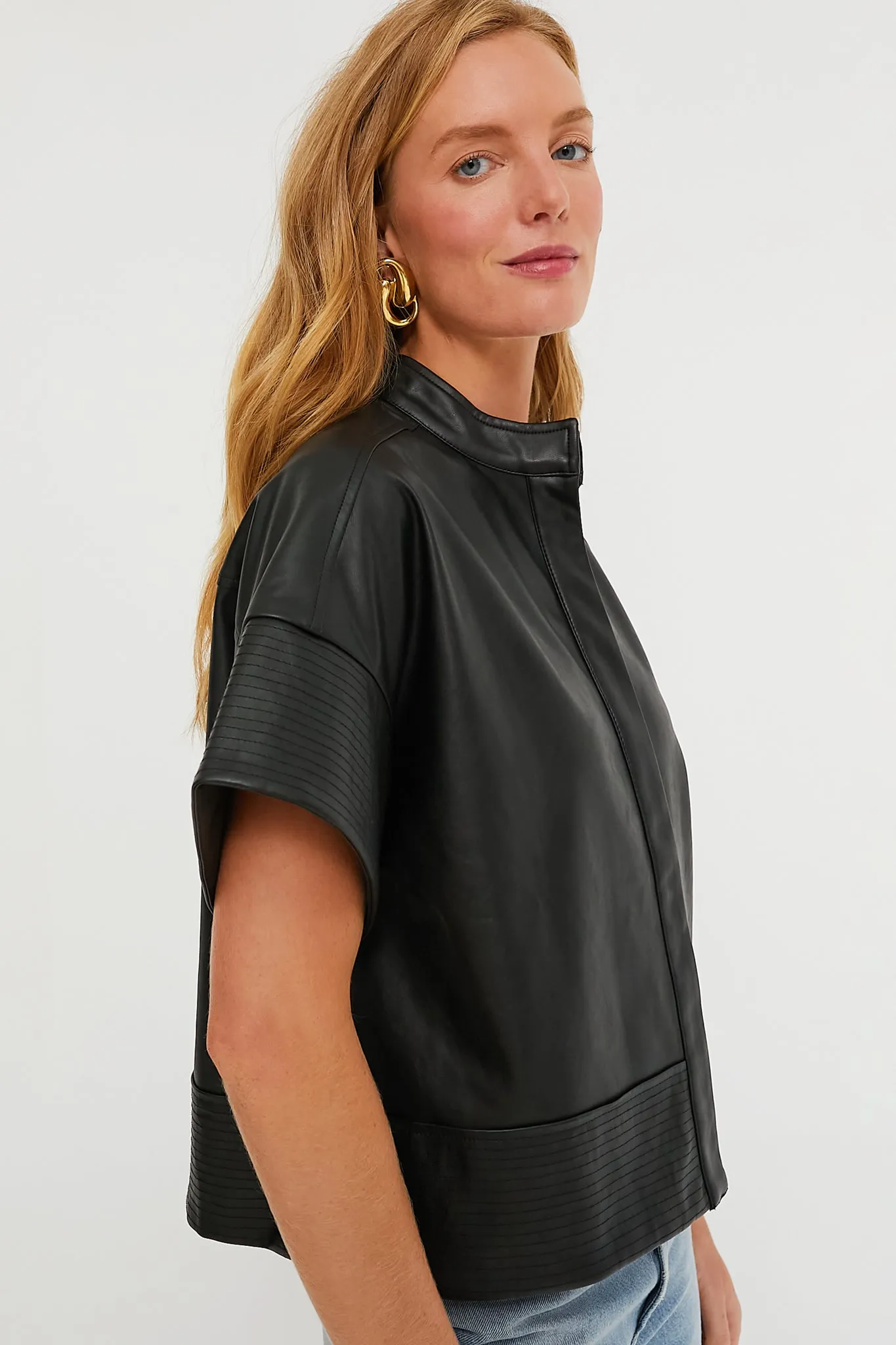 Black Leather Trapunto Stitch Sofia Shirt