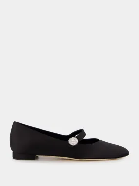 Black Satin Embellished Mary Jane Flats