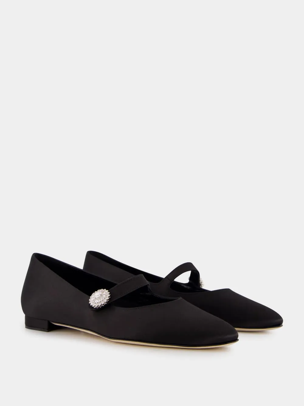 Black Satin Embellished Mary Jane Flats