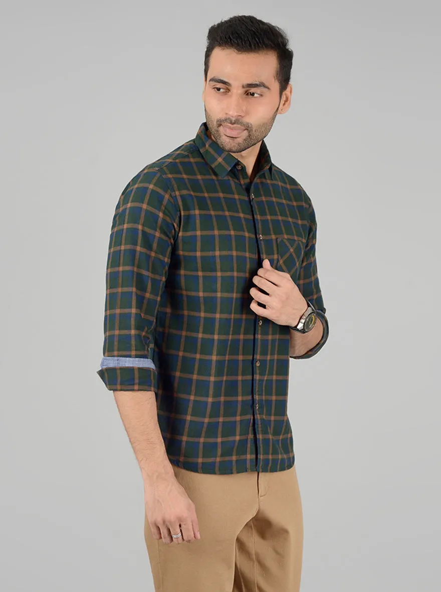 Bottle Green Checked Slim Fit Casual Shirt | Greenfibre