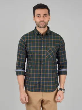 Bottle Green Checked Slim Fit Casual Shirt | Greenfibre