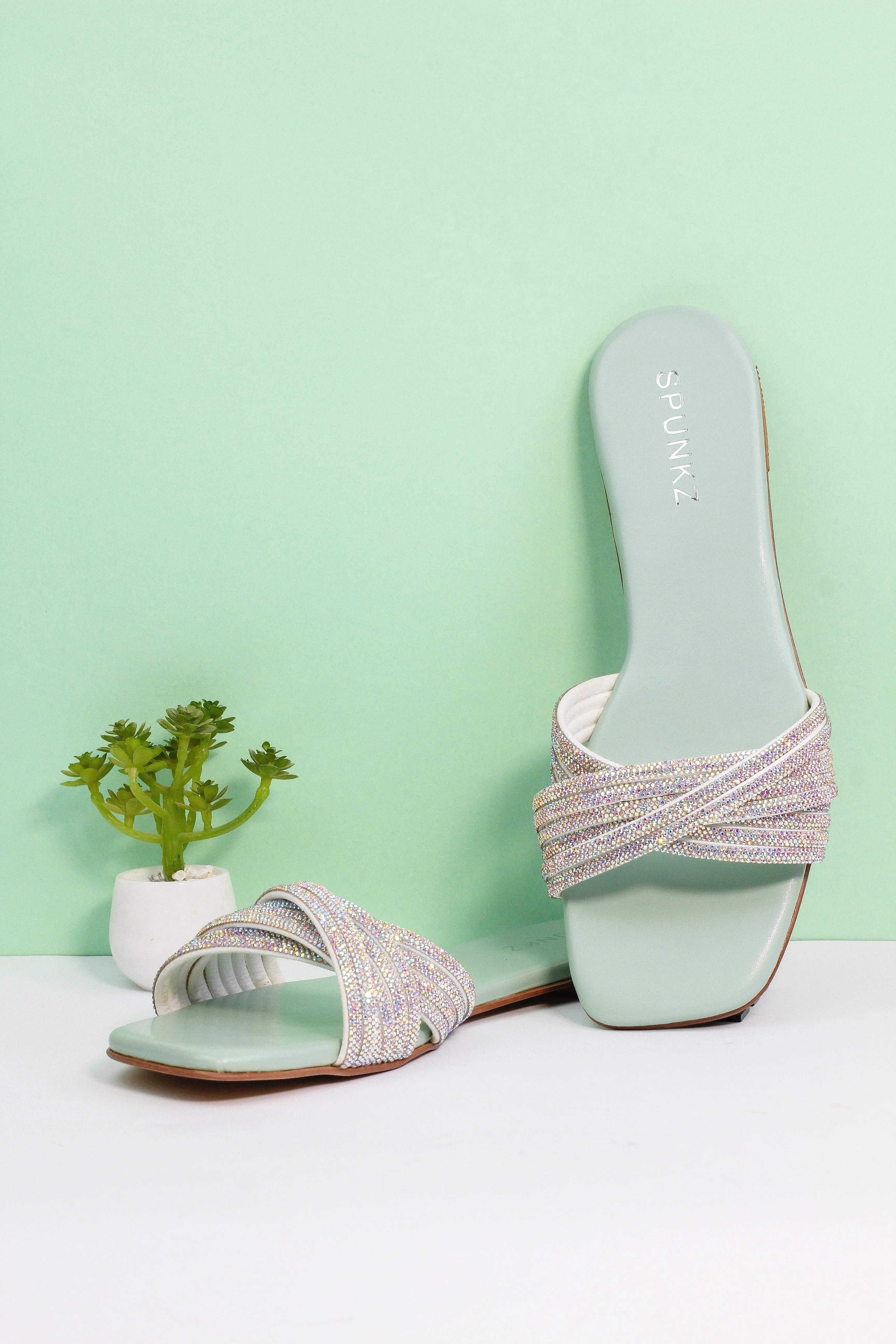 Diana Sea Green Shiny Embellished Flat Slide Sandals