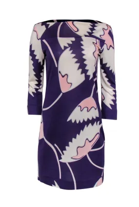 Diane von Furstenberg - Purple Floral Printed Silk Boat Neck Dress Sz 8