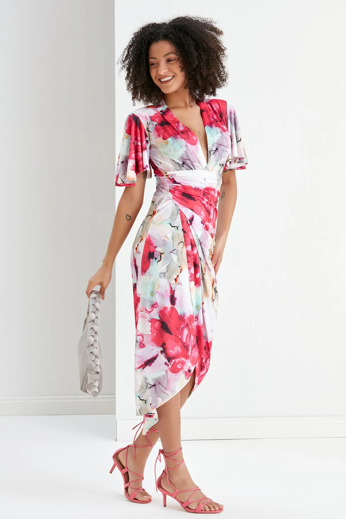 Ethereal Angel Sleeve Wrap Dress in Passion Flower Print