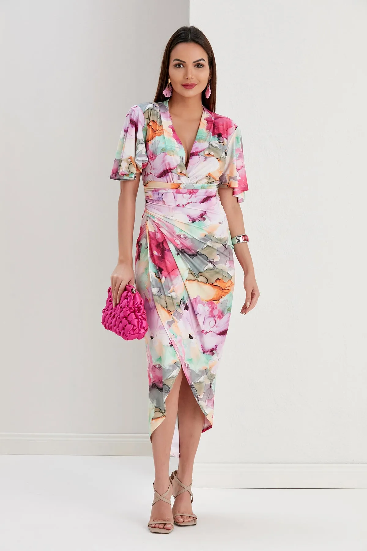 Ethereal Angel Sleeve Wrap Dress in Passion Flower Print