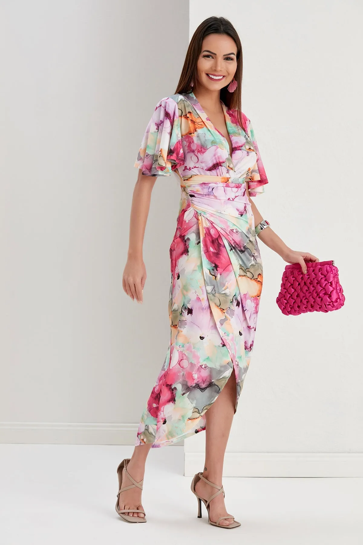 Ethereal Angel Sleeve Wrap Dress in Passion Flower Print