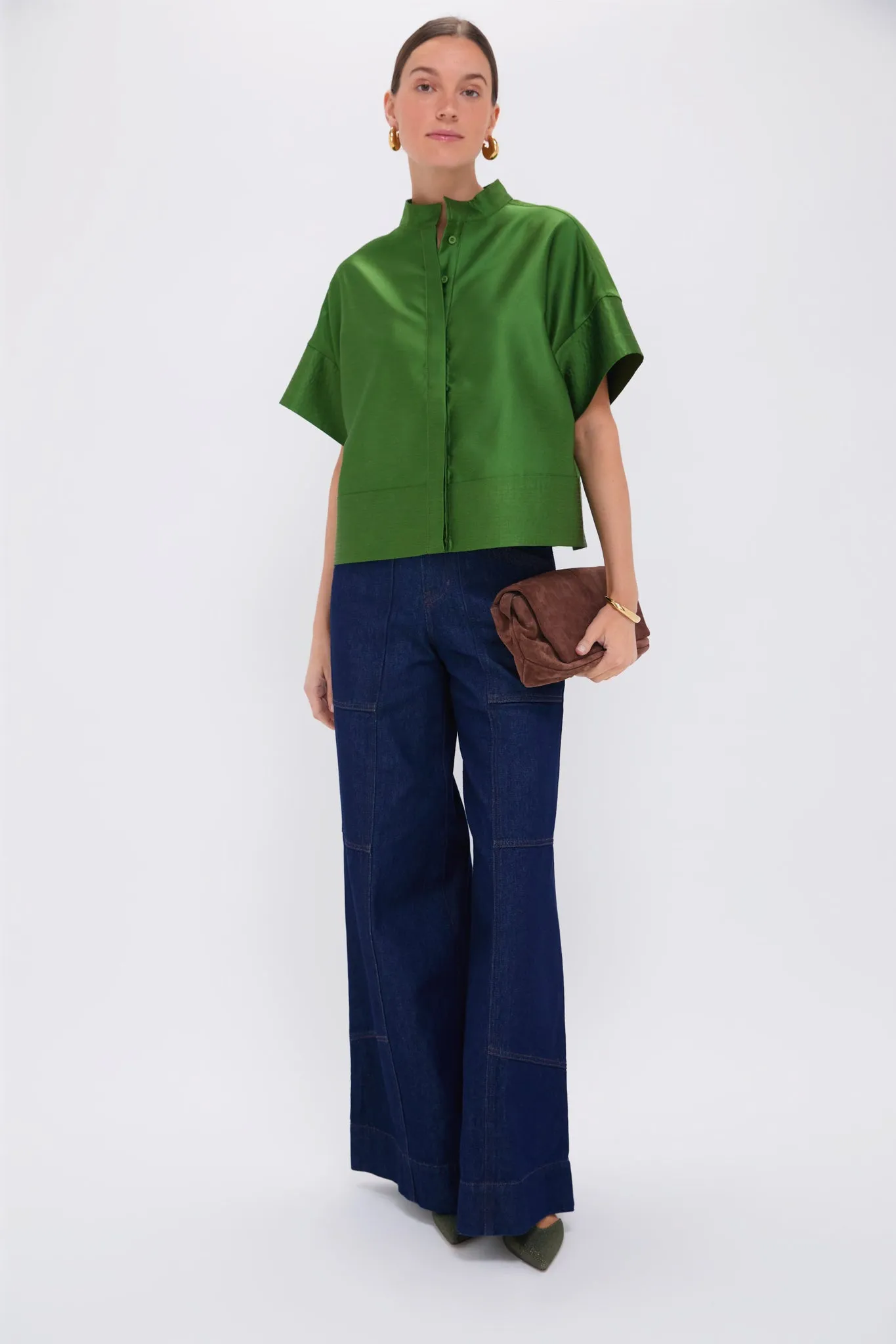 Green Dupioni Trapunto Stitch Sofia Shirt