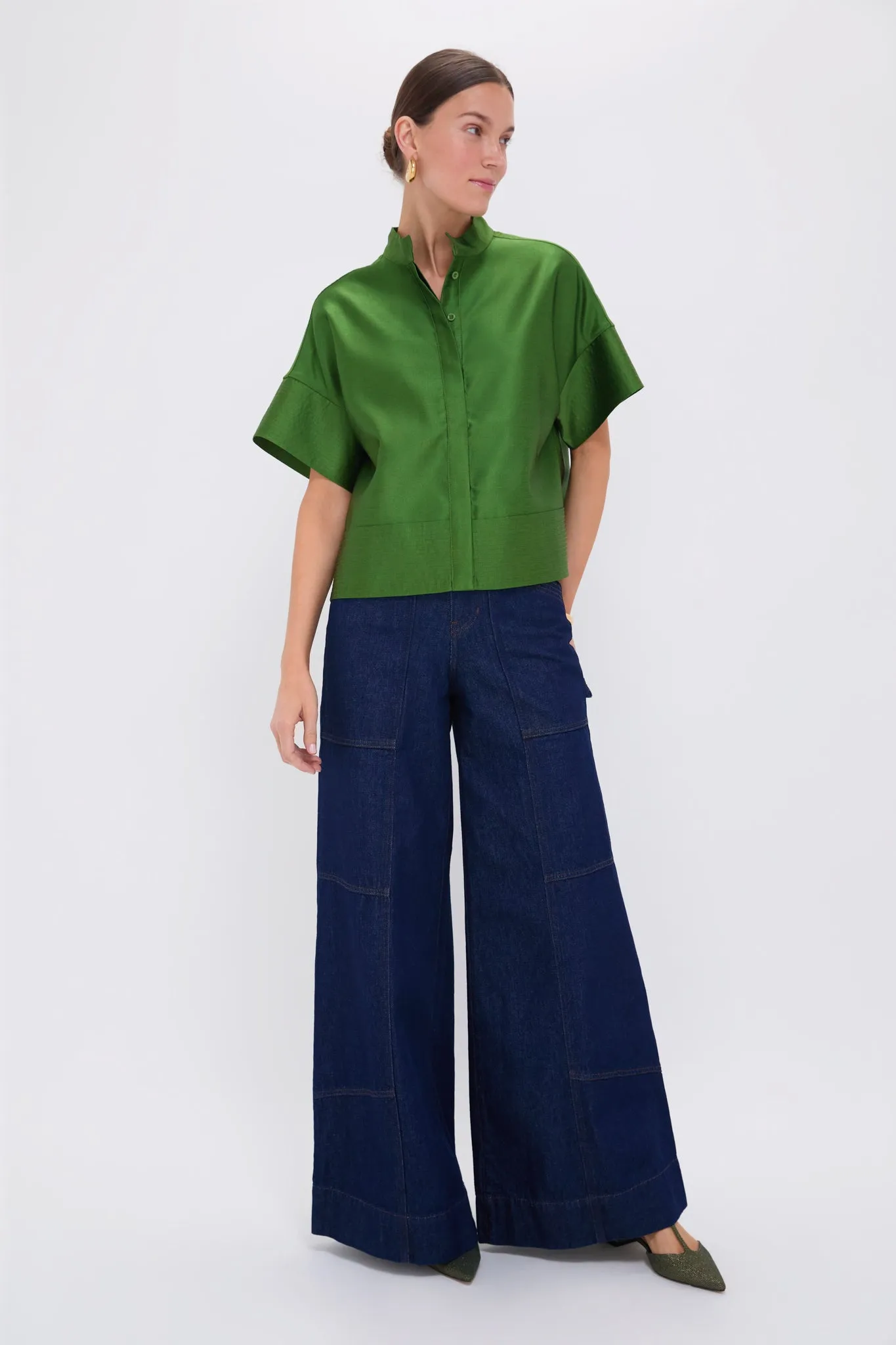 Green Dupioni Trapunto Stitch Sofia Shirt