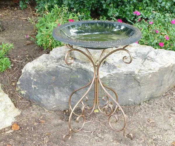 Green Fiber Clay Bird Bath with Metal Base