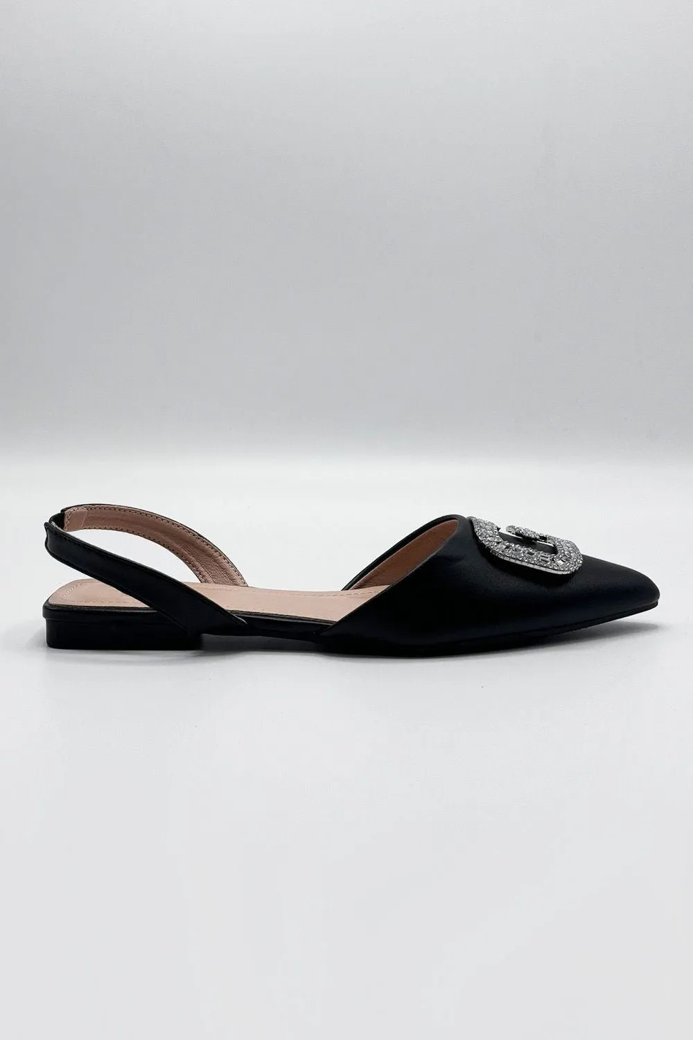 Iona Flat Sling Back Diamante Brooch Flat Mules in Black