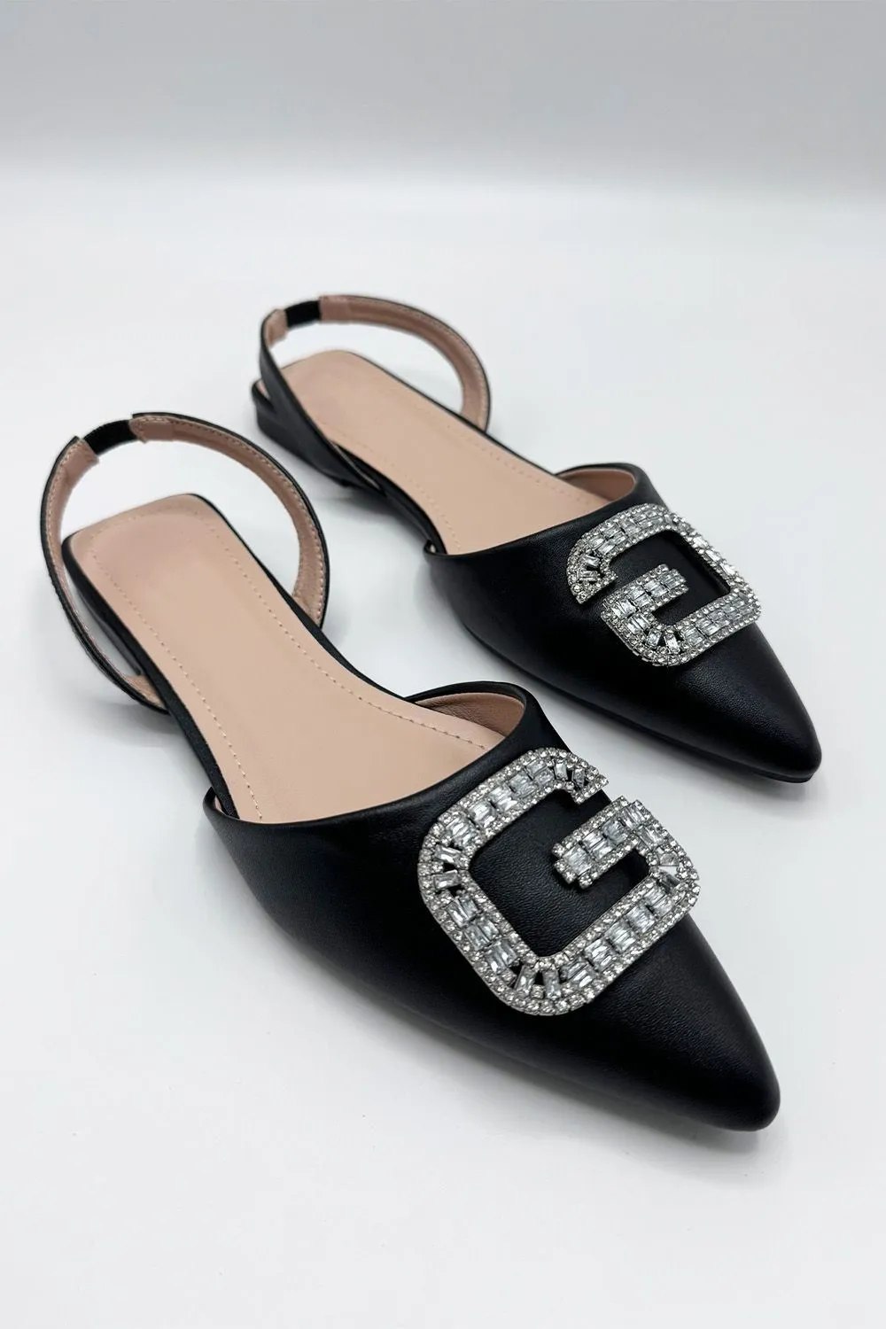 Iona Flat Sling Back Diamante Brooch Flat Mules in Black