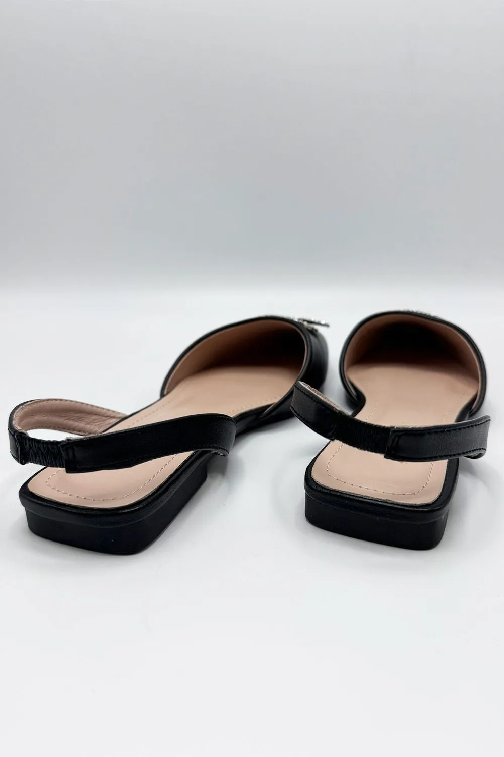 Iona Flat Sling Back Diamante Brooch Flat Mules in Black