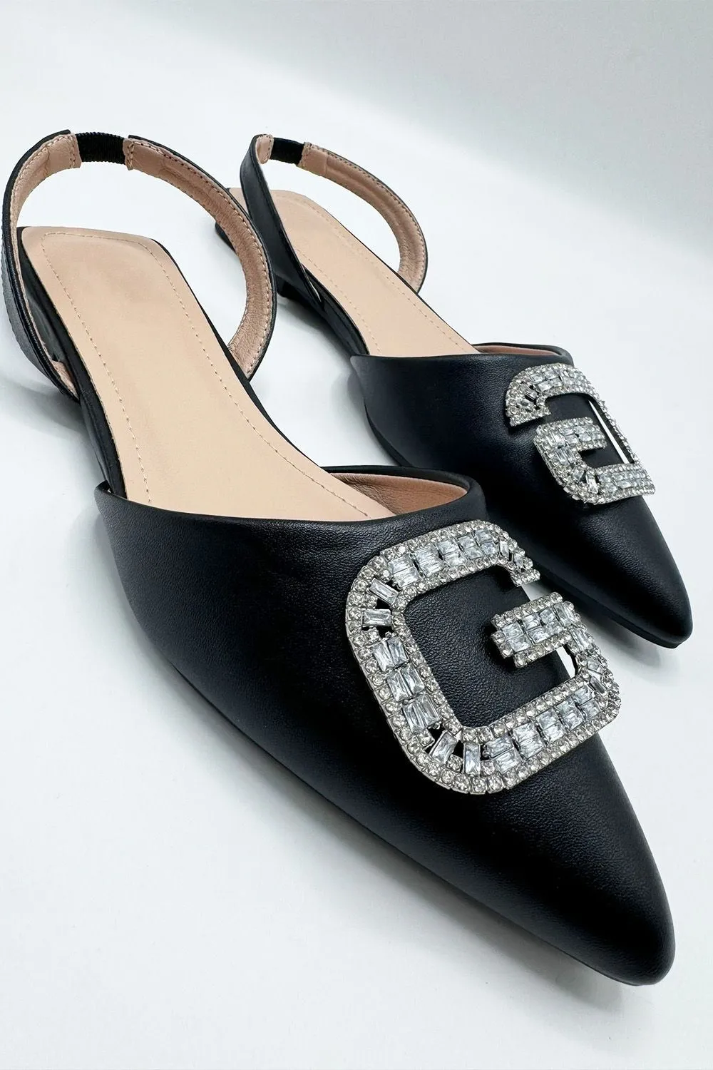 Iona Flat Sling Back Diamante Brooch Flat Mules in Black