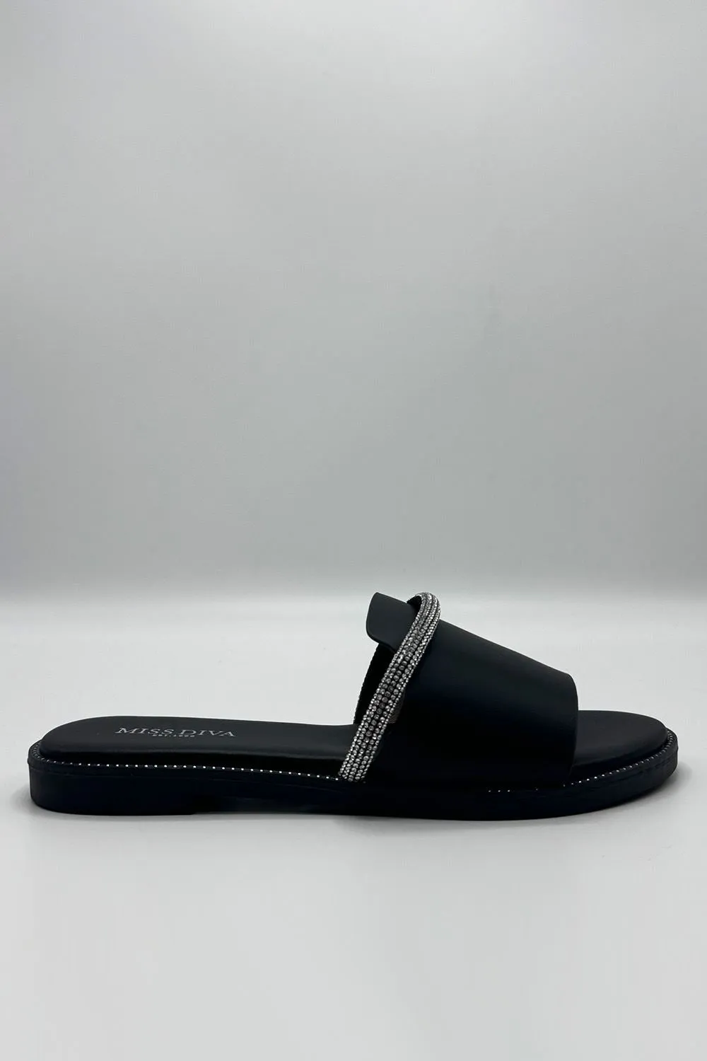 Kasya Diamante Band Stud Detailed Flat Sliders in Black