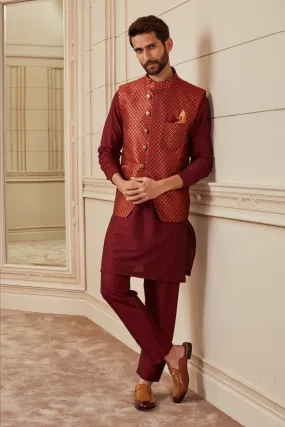 Maroon Brocade Kurta Bundi Set