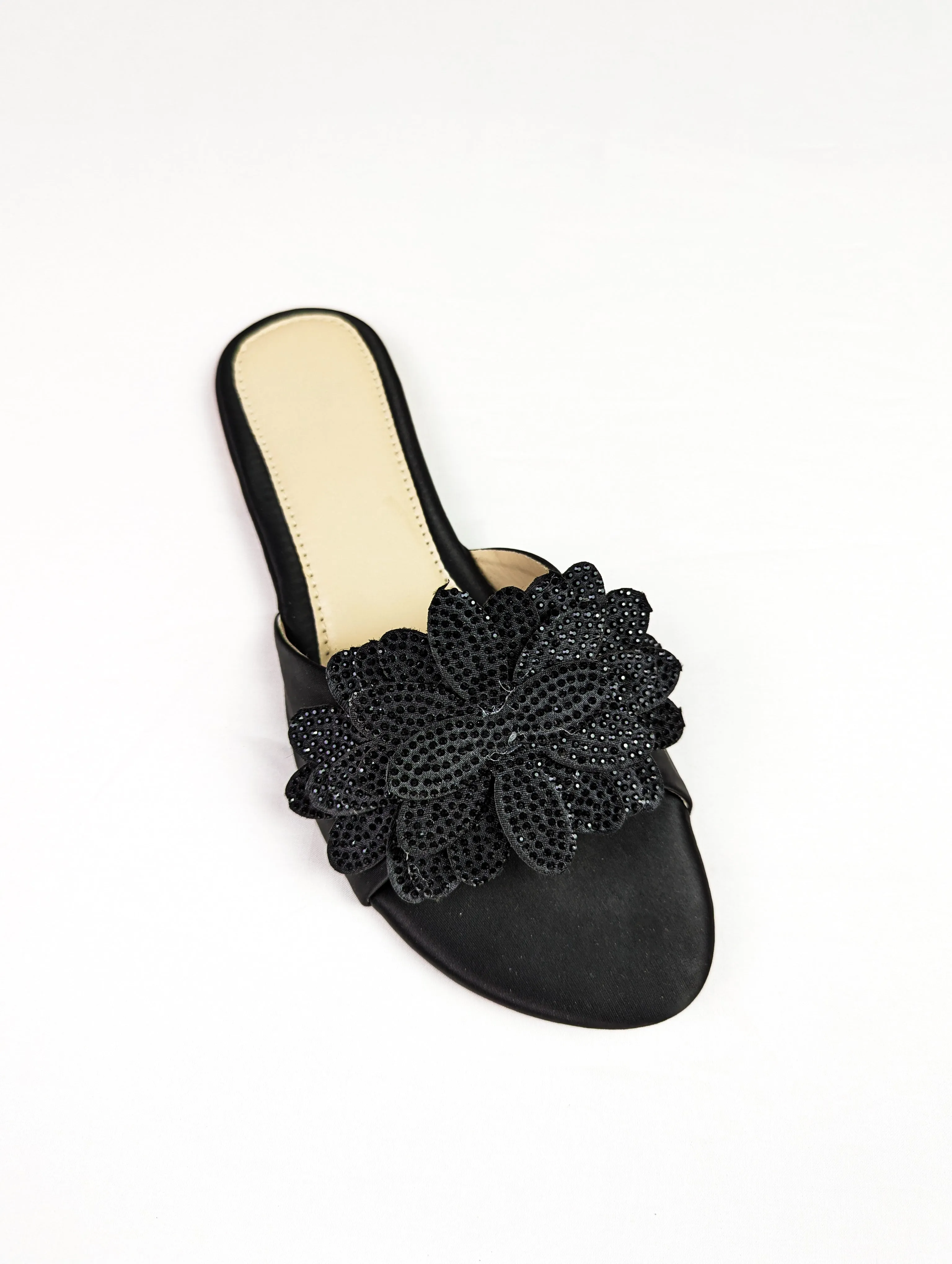 Melena Black Shiny Diamante Flower Slides