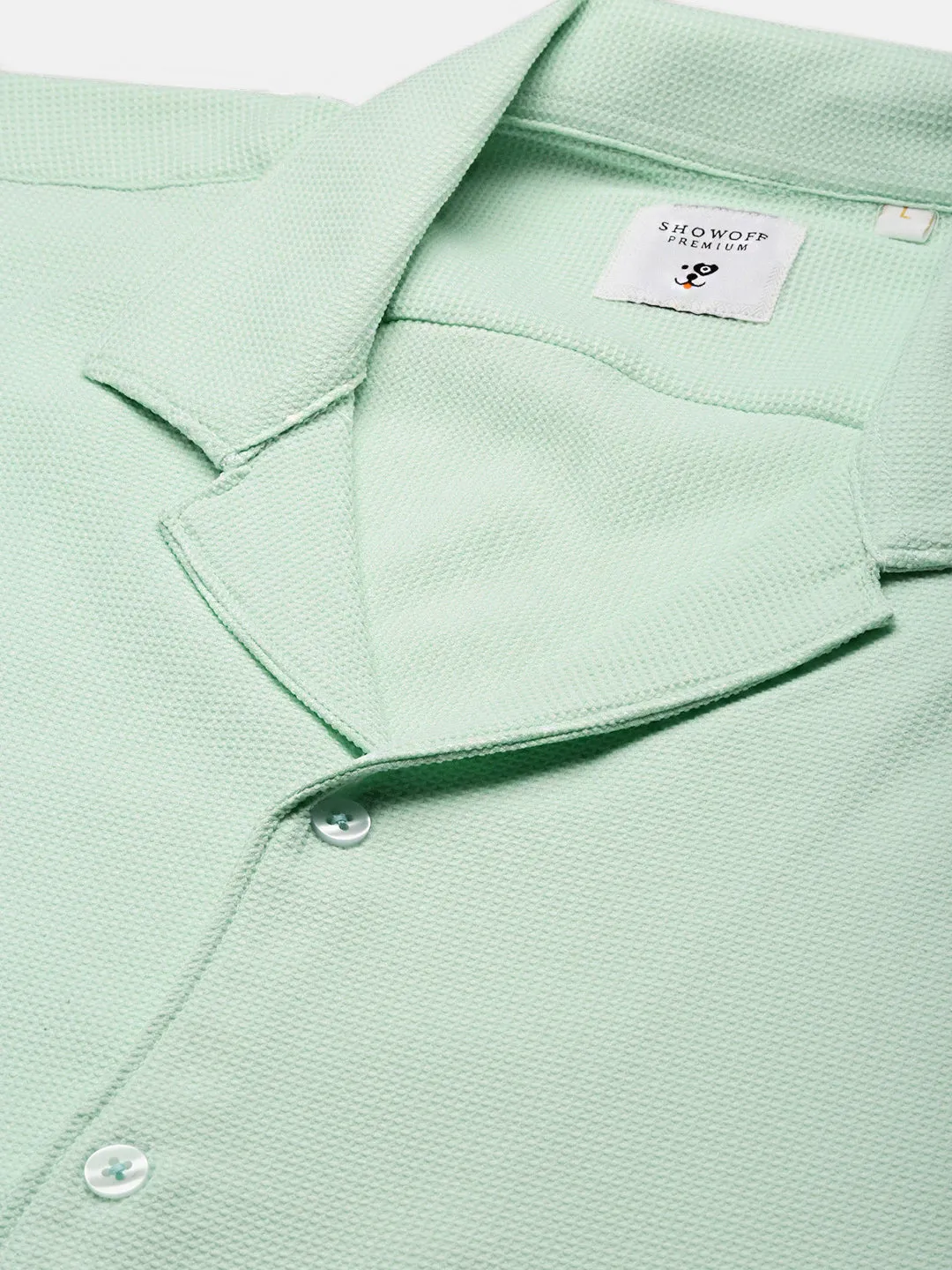 Men Sea Green Cuban Collar Solid Co Ords Set