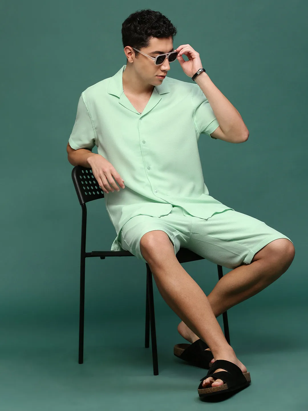 Men Sea Green Cuban Collar Solid Co Ords Set