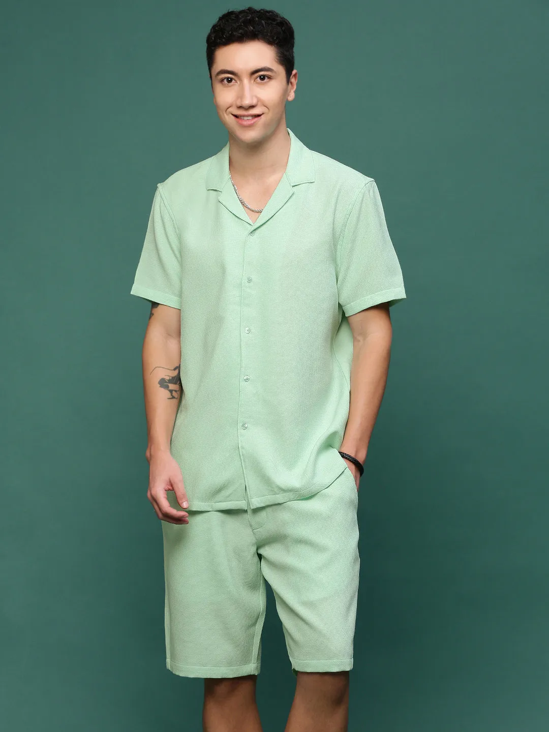 Men Sea Green Cuban Collar Solid Co Ords Set