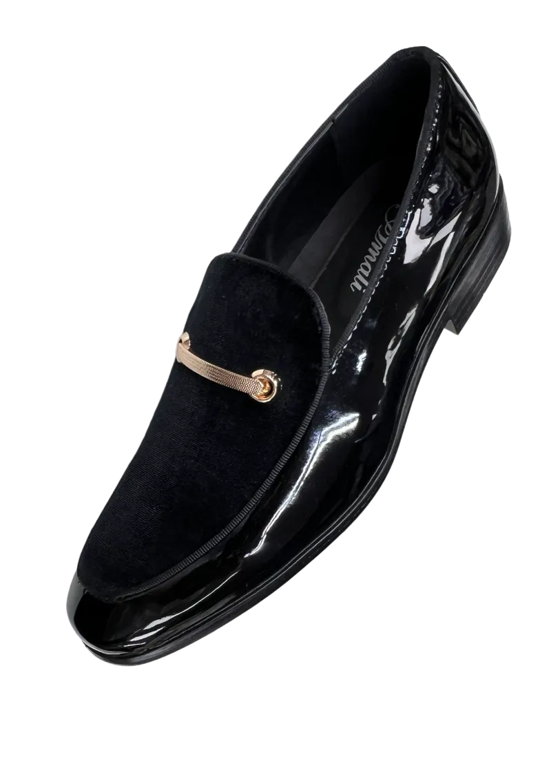 Men's Black Velvet and Patent Leather Loafer Slip On Fancy Style Rose Gold Buckle