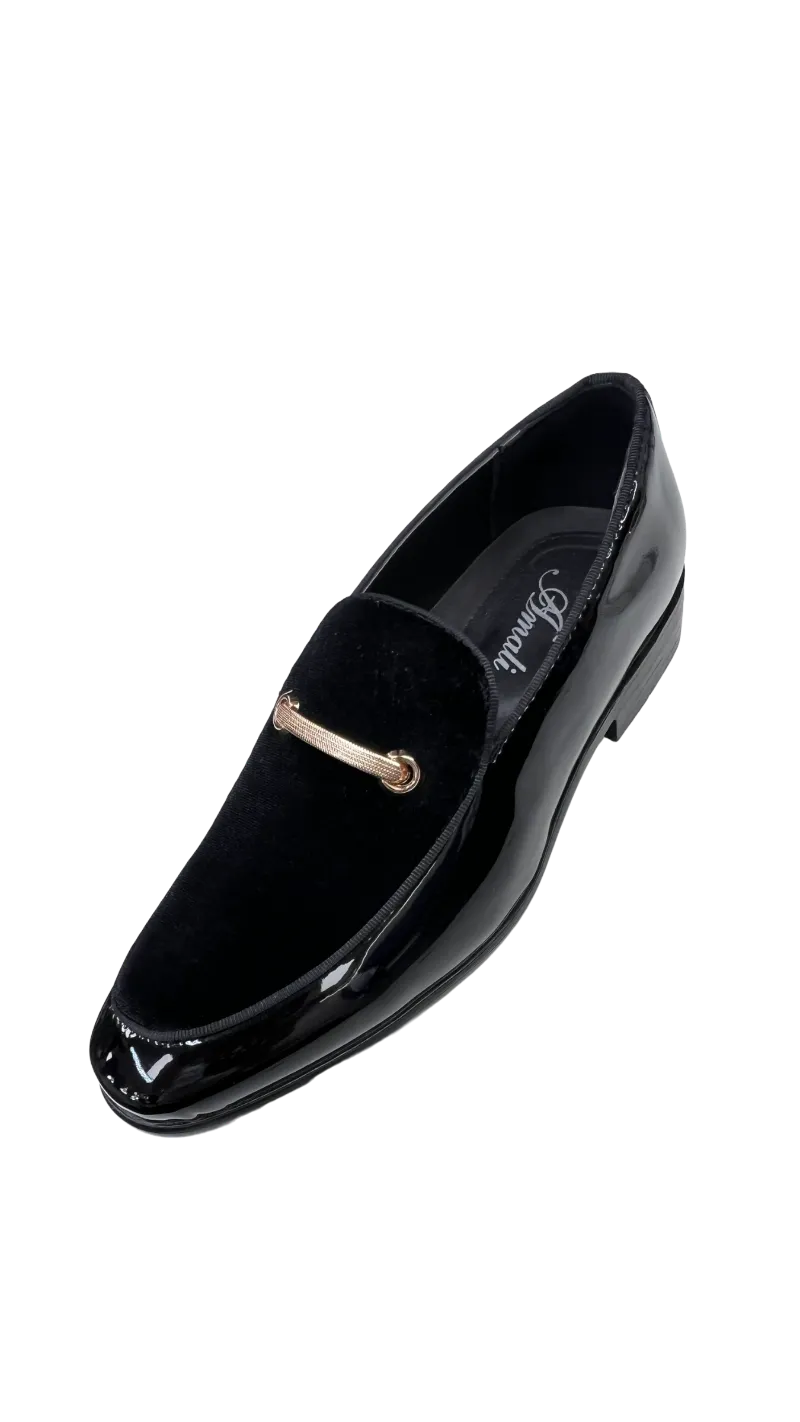 Men's Black Velvet and Patent Leather Loafer Slip On Fancy Style Rose Gold Buckle