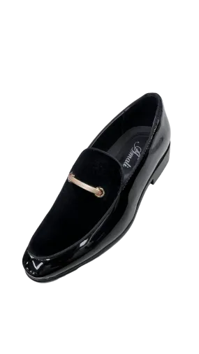 Men's Black Velvet and Patent Leather Loafer Slip On Fancy Style Rose Gold Buckle