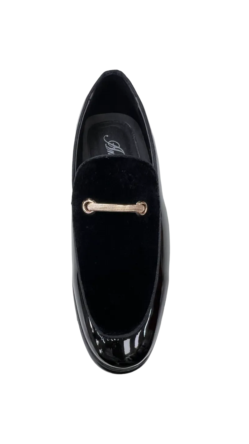 Men's Black Velvet and Patent Leather Loafer Slip On Fancy Style Rose Gold Buckle