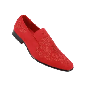 Men's Red Velvet Slip On Dress Shoes Embroidery Print