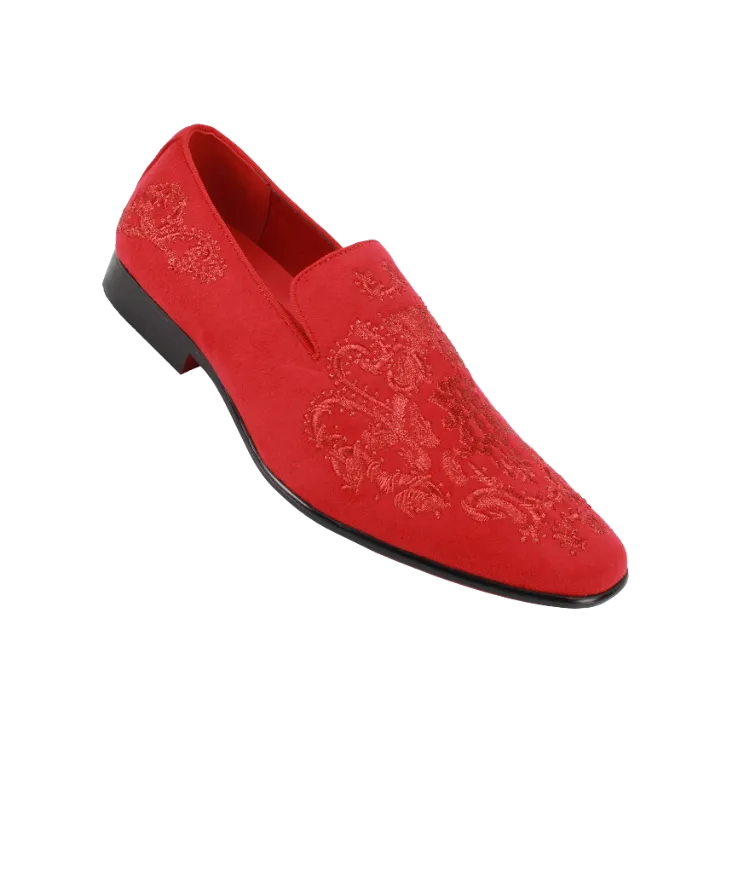 Men's Red Velvet Slip On Dress Shoes Embroidery Print