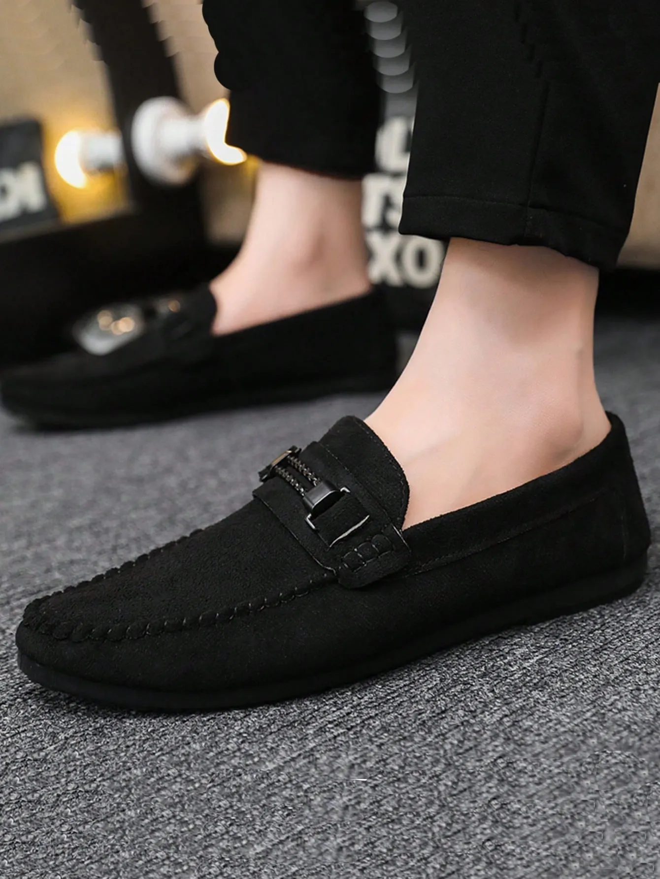 Metal Decor Stitch Detail Leisure Black Casual Loafers