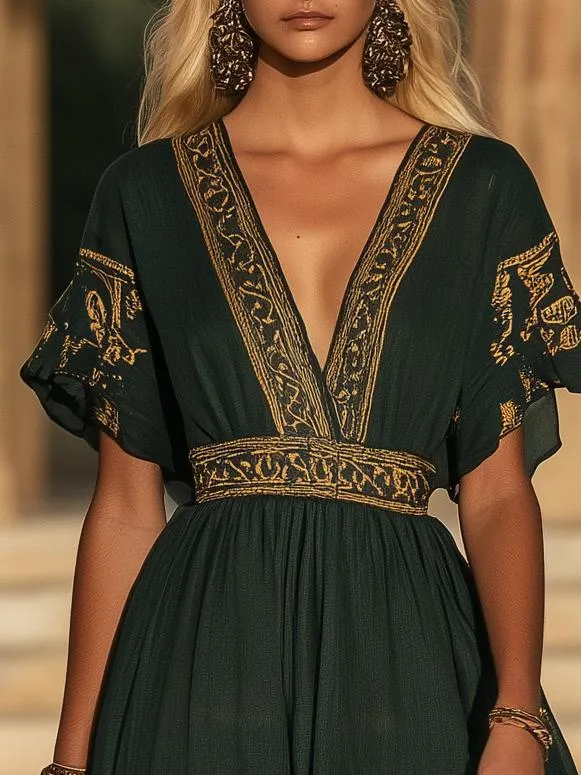 Mysterious Elegant Printed Short Sleeve Maxi Dress