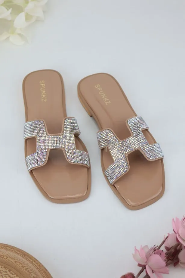 Oran iconic cut-out Nude Rhinestone silhouette Flat Slides