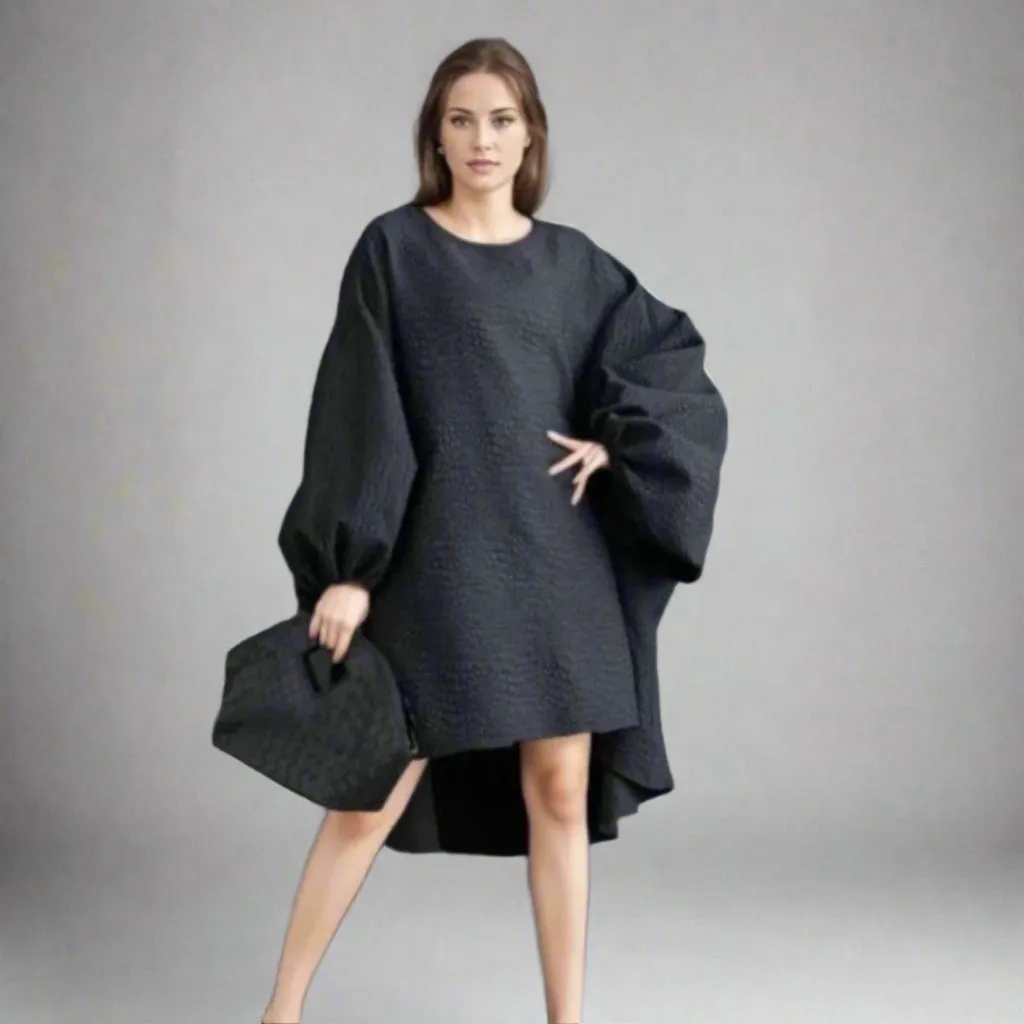 Oversized Lantern Sleeve Dress with Asymmetrical Hemline – Gothic Inspired Minimalism