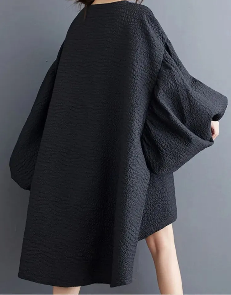 Oversized Lantern Sleeve Dress with Asymmetrical Hemline – Gothic Inspired Minimalism