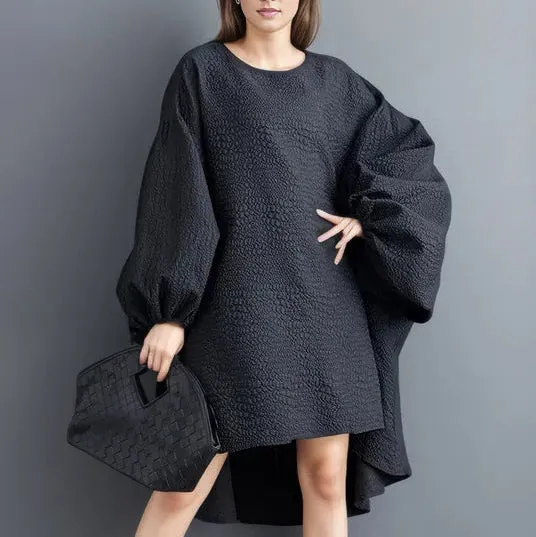 Oversized Lantern Sleeve Dress with Asymmetrical Hemline – Gothic Inspired Minimalism