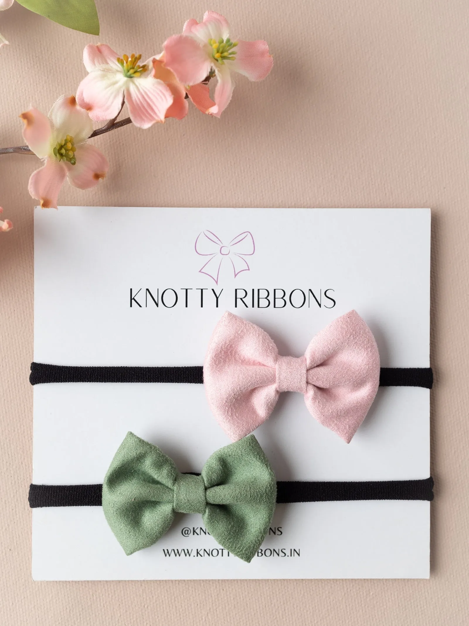 Petite Suede Bow Headband Set- Light Pink & Sage