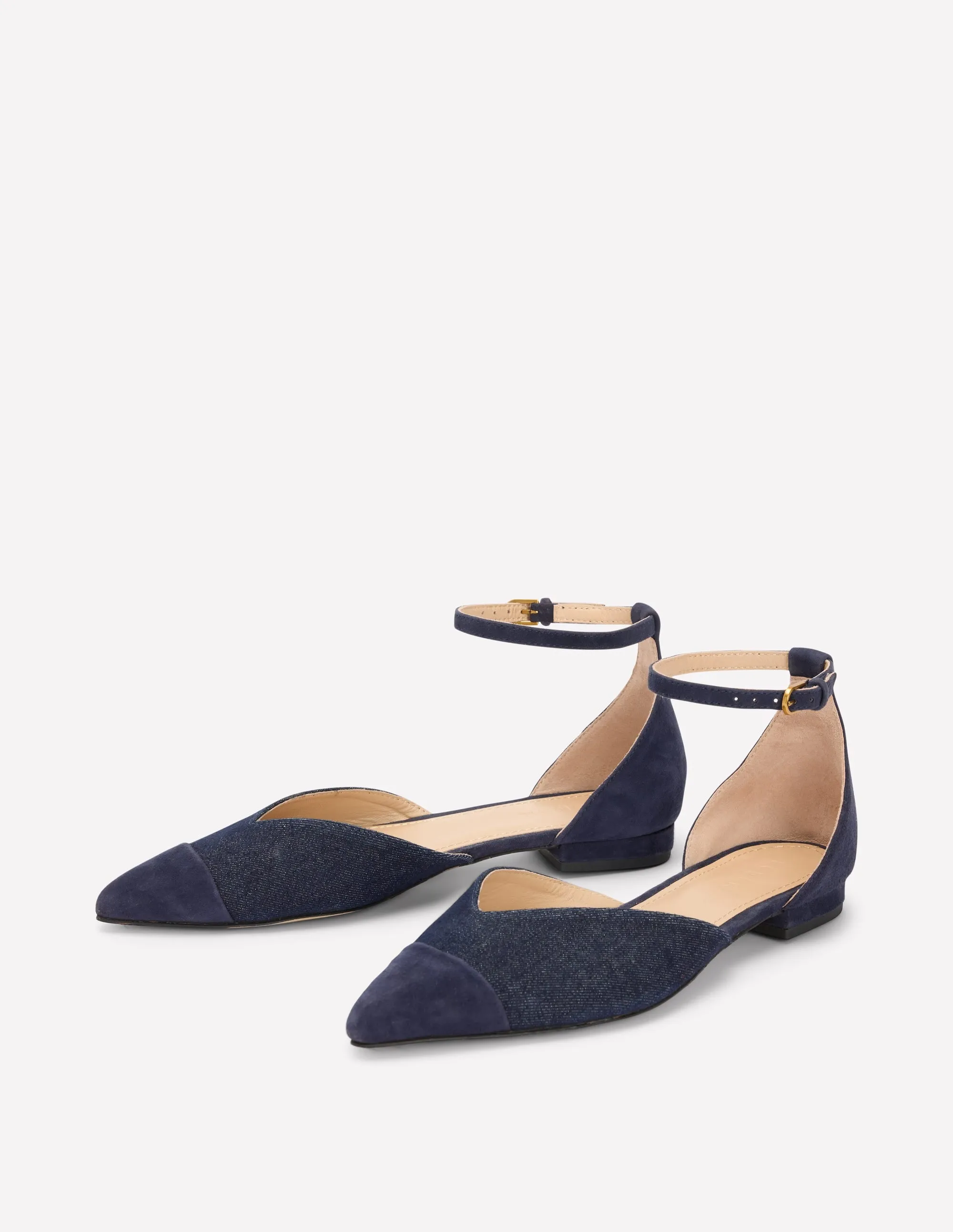 Pointed Toe Cap Flats-Navy Suede/Denim