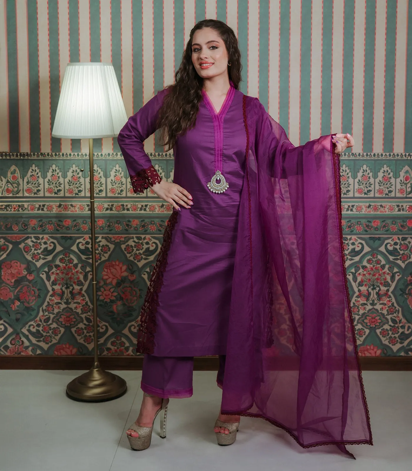 Purple Lawn Coord Set with Dupatta