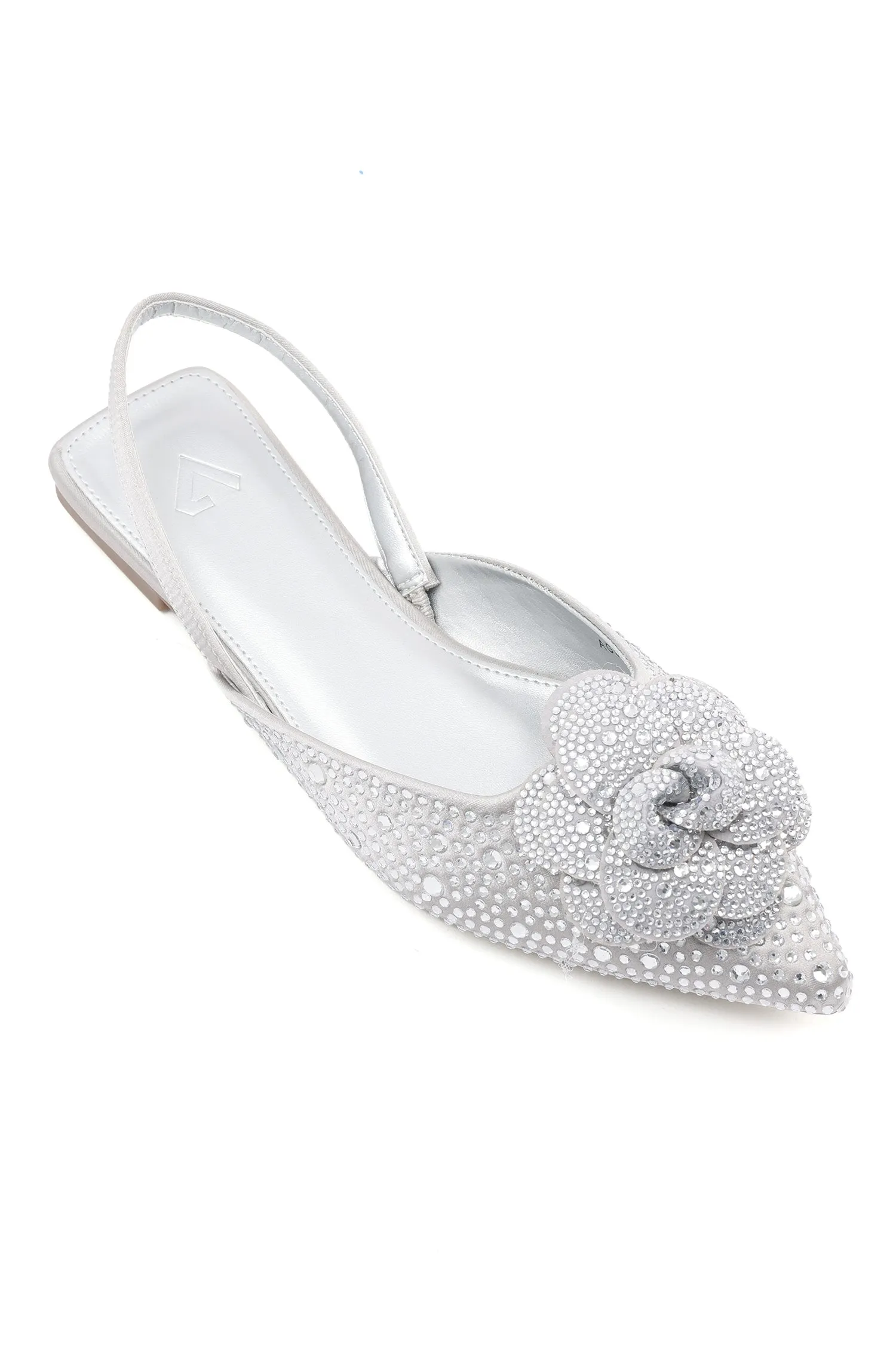 ROSE-EMBELLISHED SLINGBACK FLATS-SILVER