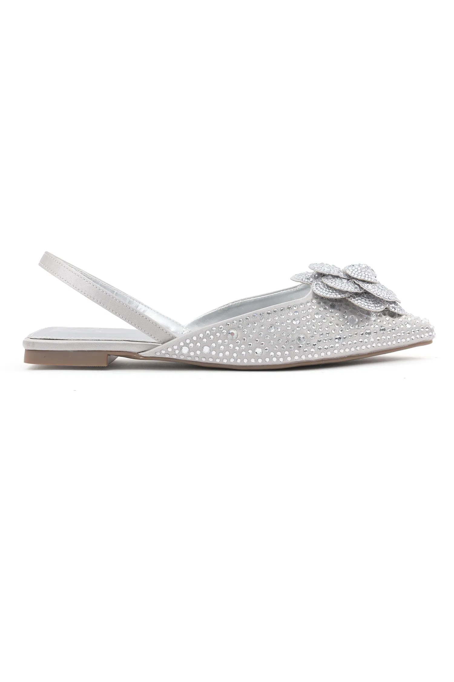 ROSE-EMBELLISHED SLINGBACK FLATS-SILVER