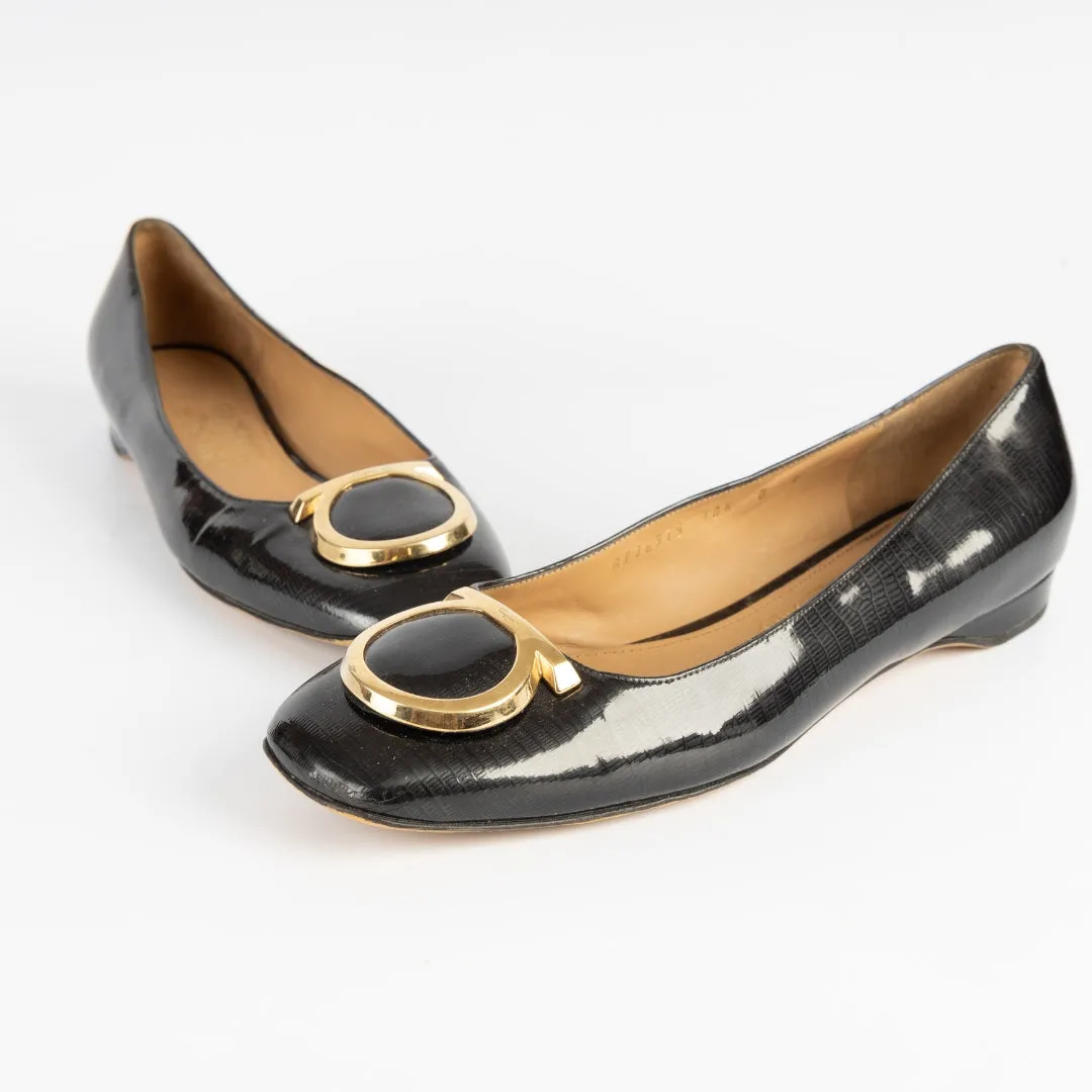 Salvatore Ferragamo Black Patent Leather Buckle Ballet Flats