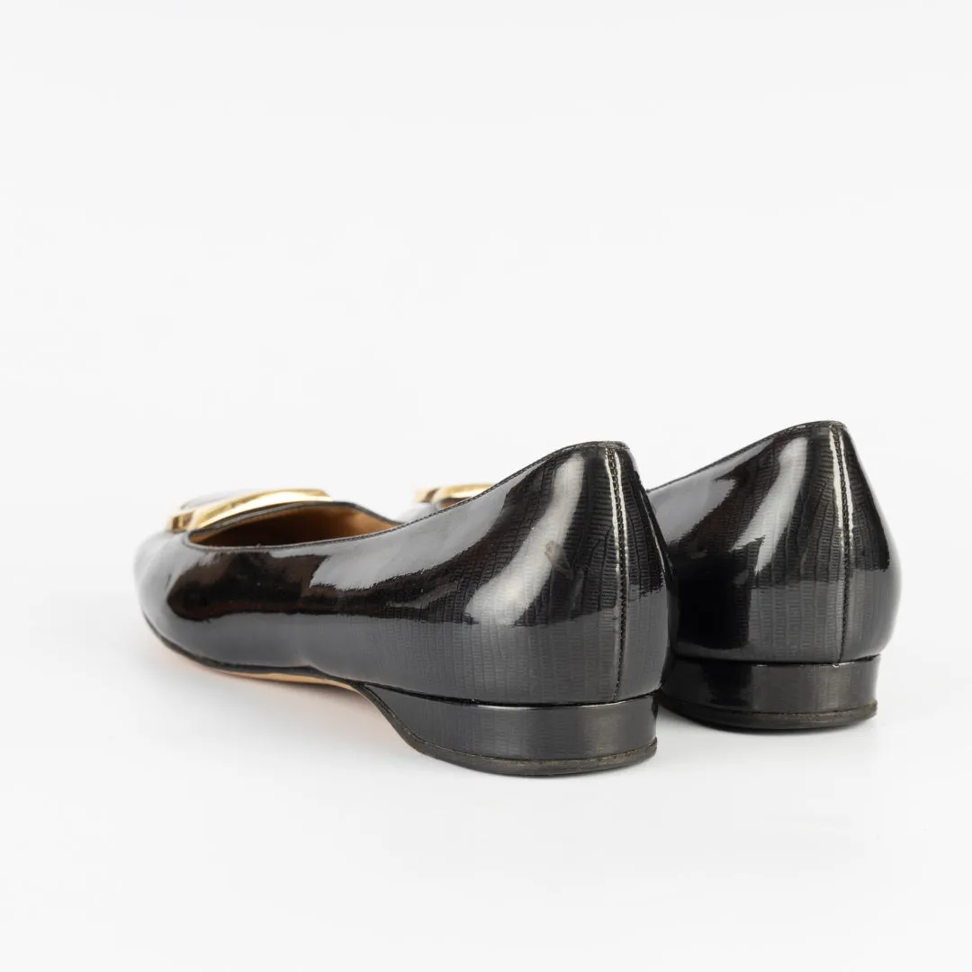 Salvatore Ferragamo Black Patent Leather Buckle Ballet Flats